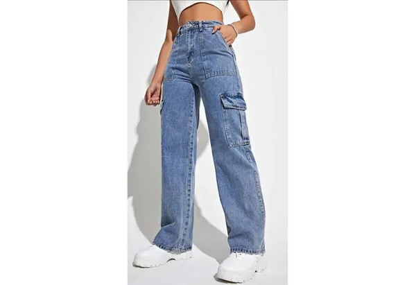FIDDY Latzhose Damen Jeans Hohe Taille Trendy Cargo Jeans Stretch Wide Leg Denim Hose
