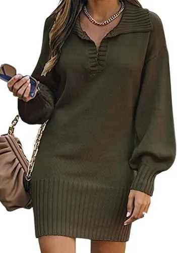 FIDDY Maxikleid Damen Strickkleid Pulloverkleid Revers V Ausschnitt Laternenärmel (1-tlg)