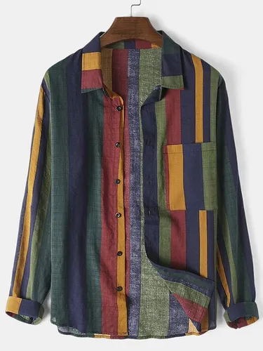 FIDDY Shirtbluse Bunt gestreiftes Langarm-Revers-Freizeithemd für Herren