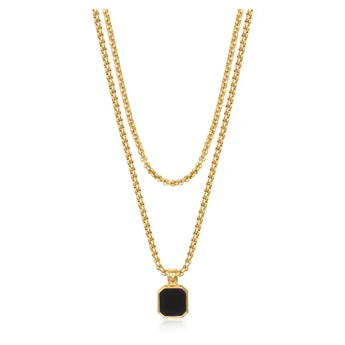 Gold Necklace Layer with 3mm Box Chain and Onyx Square Necklace Nialaya