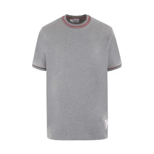 Graues Baumwoll-Jersey T-Shirt mit Logo und Tricolor Streifen Thom Browne