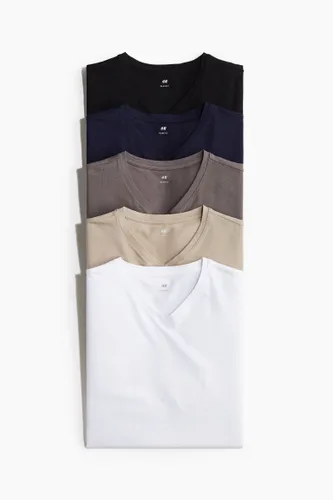 H & M - 5er-Pack T-Shirts mit V-Ausschnitt in Slim Fit - Braun - Herren