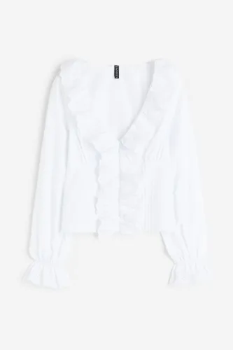 H & M - Popelinebluse mit Volants - Weiß - Damen