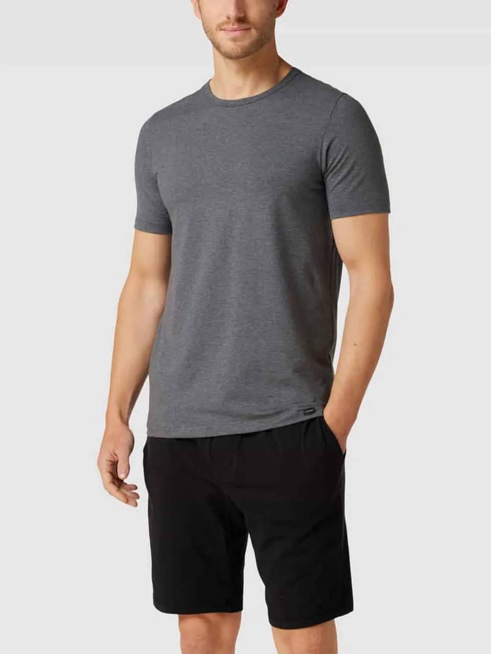 Hanro T-Shirt mit Label-Detail im 2er-Pack Modell 'Cotton Essentials' in Dunkelgrau Melange