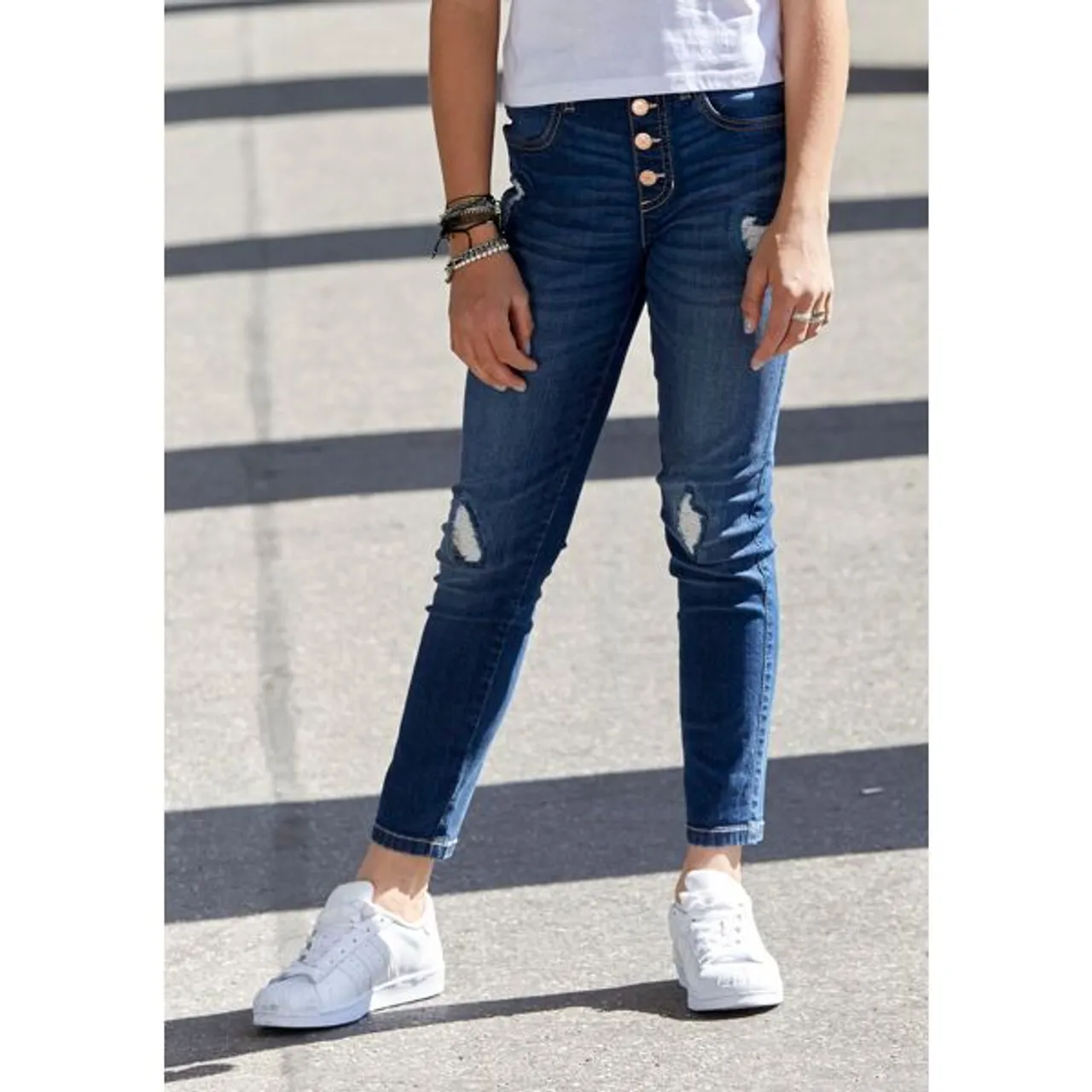 High-waist-Jeans ARIZONA "für Mädchen" Gr. 170, N-Gr, blau (jeansblau) Mädchen Jeans Weite