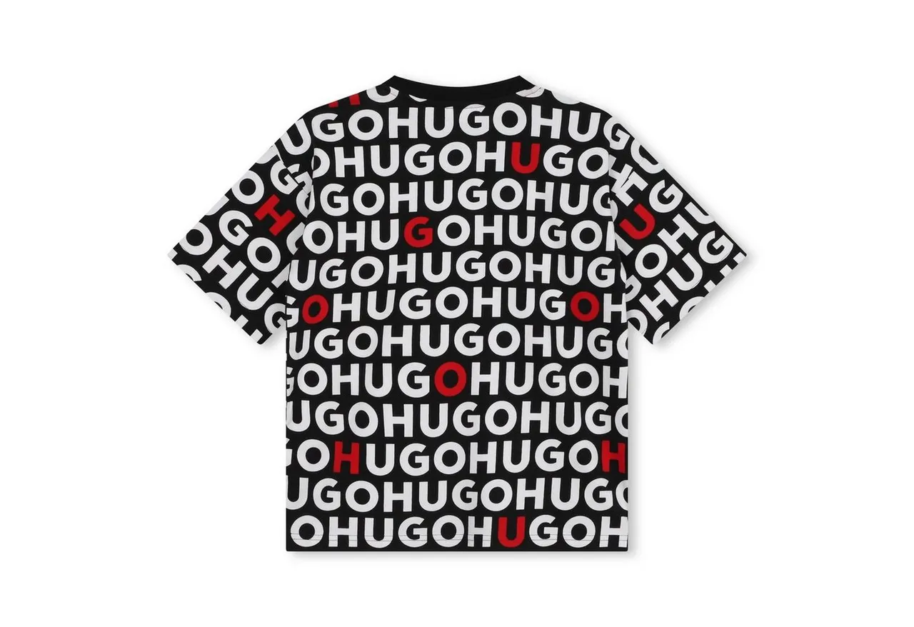 HUGO T-Shirt HUGO Kids T-Shirt schwarz / weiß-rot mit allover Logoprint