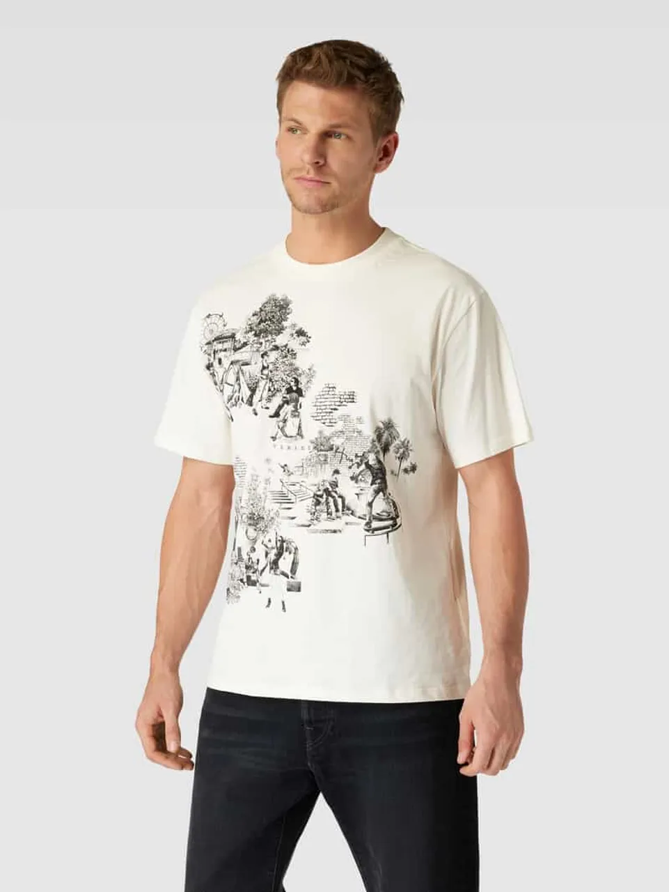 HUGO T-Shirt mit Rundhalsausschnitt und Motiv-Print Modell 'Doule' in Offwhite
