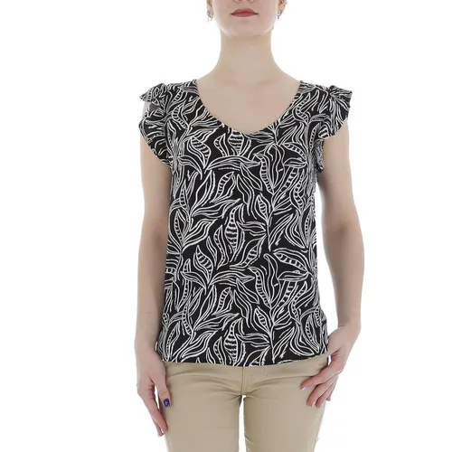 Ital-Design Kurzarmbluse Damen Elegant (85987254) Rüschen Print Top & Shirt in Schwarz