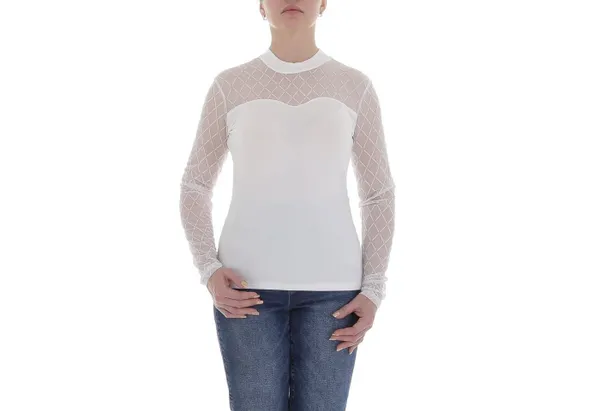 Ital-Design Langarmbluse Damen Elegant Glitzer Transparent Top & Shirt in Weiß