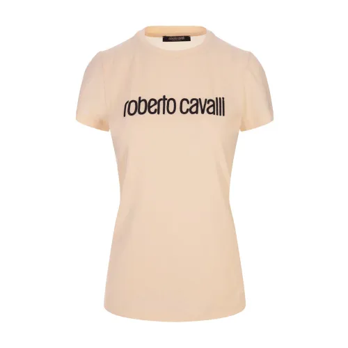Ivory Stretch Baumwoll T-Shirt mit Logo-Stickerei Roberto Cavalli