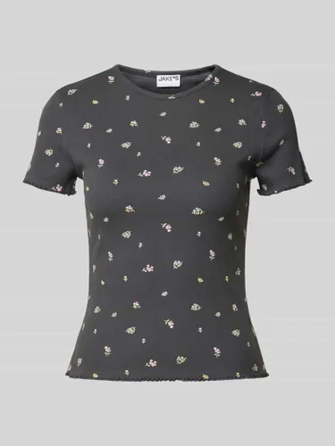 Jake*s Casual T-Shirt in Ripp-Optik mit floralem Muster in Dunkelgrau