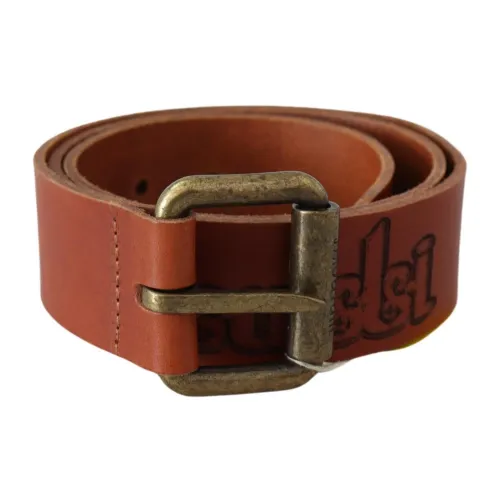 Just Cavalli Brown Leather Logo Bronze Rustic Metal Buckle Belt Just Cavalli