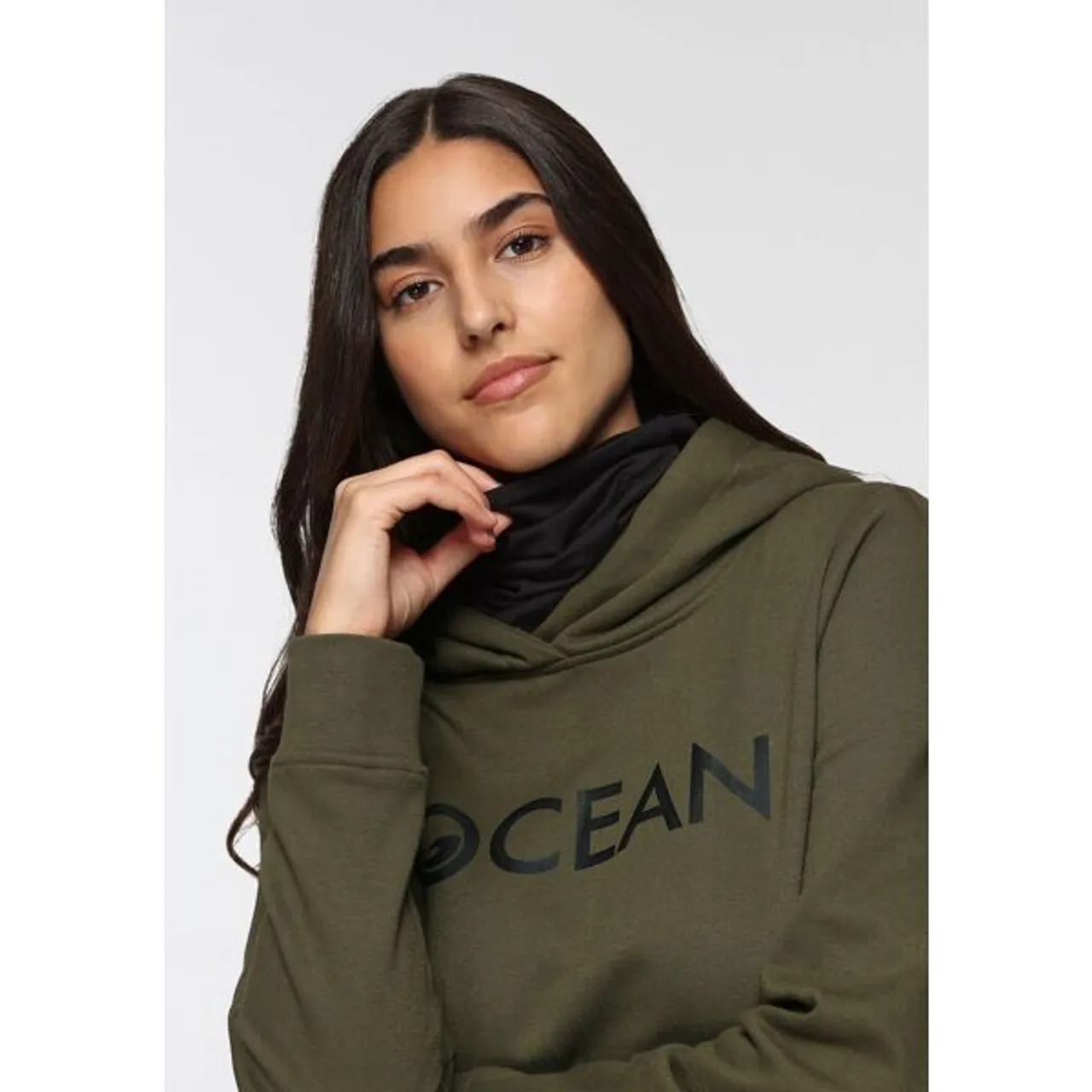 Kapuzensweatshirt OCEAN SPORTSWEAR "mit Multifunktionaler Tube Schal" Gr. 44/46, grün (khaki) Damen Sweatshirts Hoodie Sweatshirt