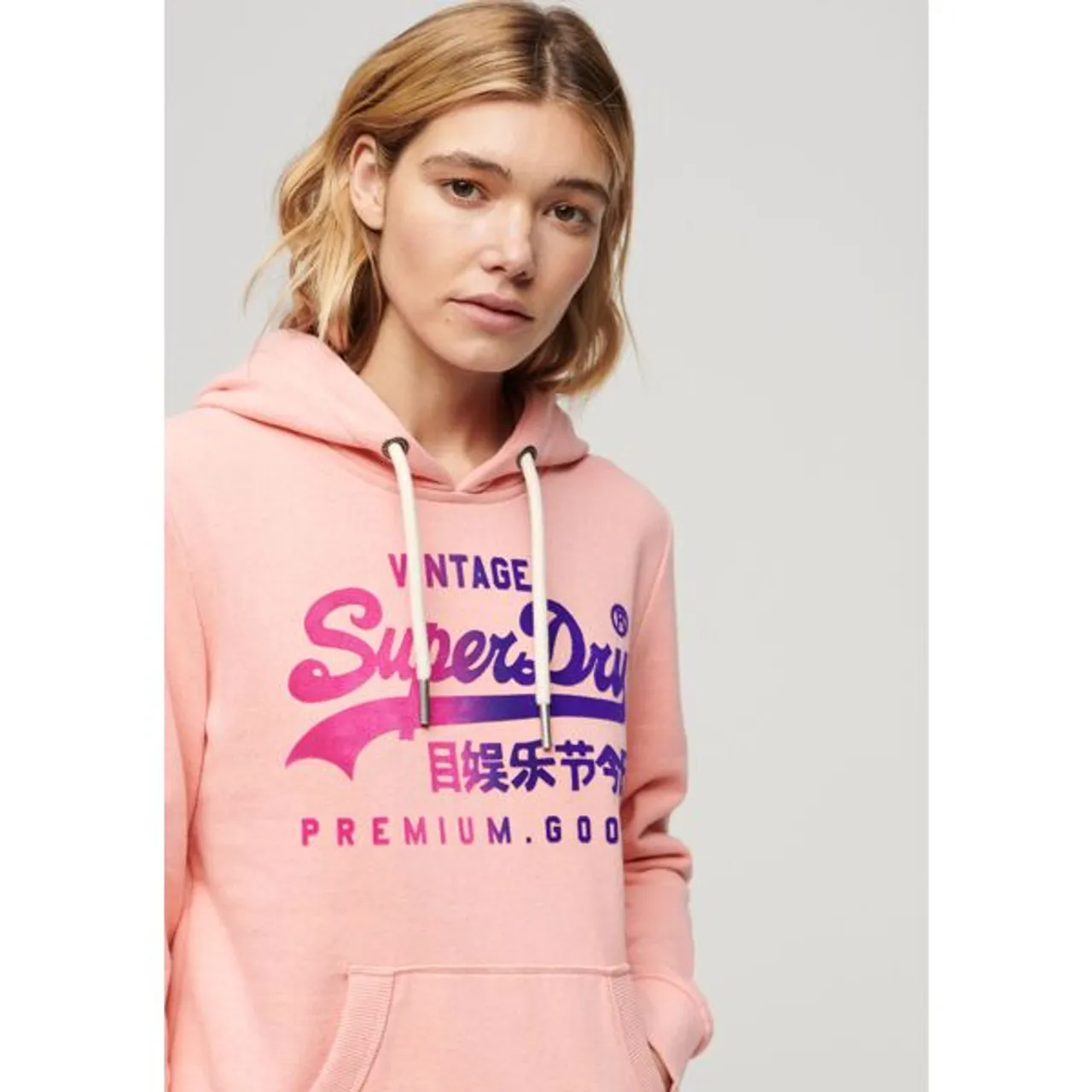 Kapuzensweatshirt SUPERDRY "TONAL VL GRAPHIC HOODIE" Gr. S, bunt (peach pink marl) Damen Sweatshirts