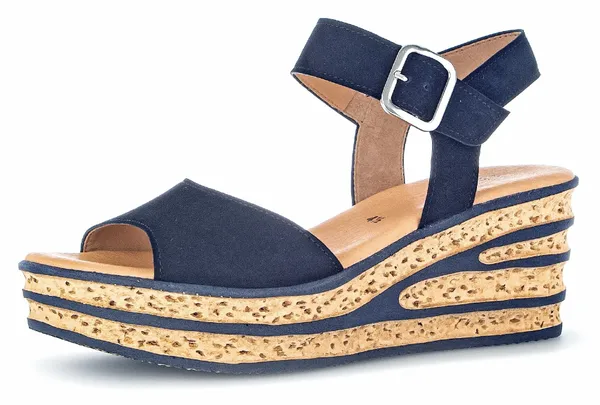 Keilsandalette GABOR Gr. 35, blau (dunkelblau) Damen Schuhe Sandaletten Sommerschuh, Sandale, Keilabsatz, mit auffällliger Absatzgestaltung