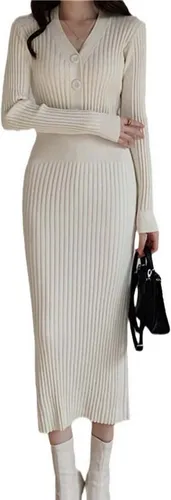 KIKI A-Linien-Kleid Strickkleid Damen Slim Elegant Winter Knopf V Ausschnitt Pullover