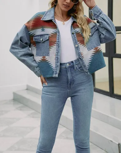 KIKI Jeansjacke DamenJeansjacke mit geometrischem Muster geknöpftem verkürzter Mantel
