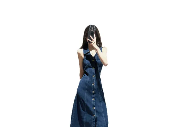 KIKI Jeansrock Ärmelloses Kleid aus gewaschenem Denim V-Ausschnitt Lange Kleider