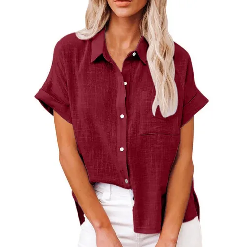KIKI Kurzarmshirt Damen-Hemd aus Leinen mit V-Ausschnitt und kurzen Ärmeln