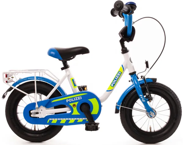Kinderfahrrad BACHTENKIRCH "12" "POLIZEI" kristall-weiß/blau/neon" Fahrräder Gr. 23 cm, 12 Zoll (30,48 cm), weiß (weiß, blau) Kinder Kinderfahrräder