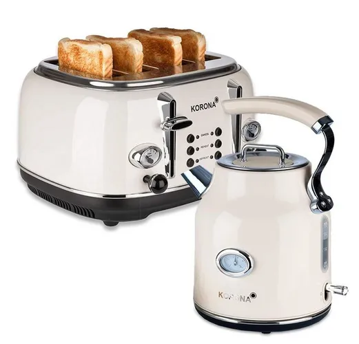 KORONA Toaster Retro Frühstücksset Creme 4 Schlitz, 4 Scheiben Toaster und Wasserkocher, Pfeifkessel Design, Retro