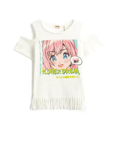 Koton Girls Anime Printed T-Shirt Short Sleeve Tasseled