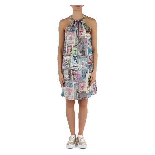 Kurzes Satin-Viskose-Kleid mit All-Over-Print Replay
