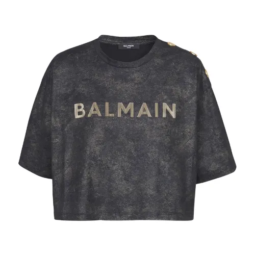 Kurzes T-Shirt aus Öko-Baumwolle mit aufgedrucktem strukturiertem -Logo Balmain