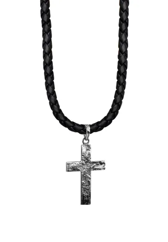 KUZZOI - Männerkette Kreuz Oxidiert Leder 925 Silber Herrenschmuck Herren