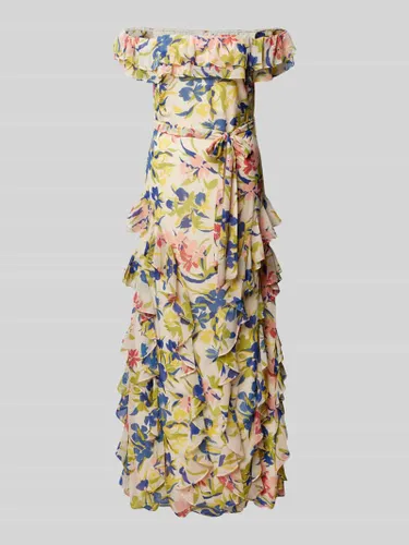 Lauren Dresses Abendkleid mit Carmen-Ausschnitt und floralem Muster in Hellblau