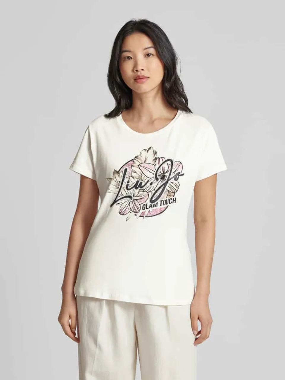 LIU JO SPORT T-Shirt mit Label-Print und Ziersteinbesatz in Weiss