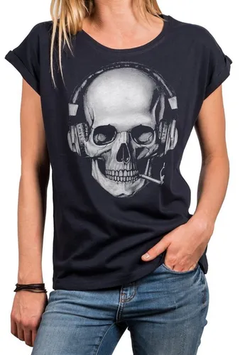 MAKAYA Print-Shirt Damen Cooles T-Shirt mit Totenkopf Design Skull Top - Aufdruck Gothic (Kurzarm, Rundhals, Schwarz, Blau, Grau) Baumwolle, große Grö...