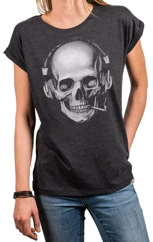 MAKAYA Print-Shirt Damen Cooles T-Shirt mit Totenkopf Design Skull Top - Aufdruck Gothic (Kurzarm, Rundhals, Schwarz, Blau, Grau) Baumwolle, große Grö...