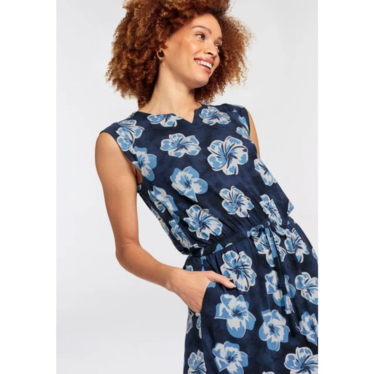 Maxikleid BOYSEN'S Gr. 48, N-Gr, blau (marine) Damen Kleider Strandkleider mit maritimen Floral-Alloverdruck - NEUE KOLLEKTION
