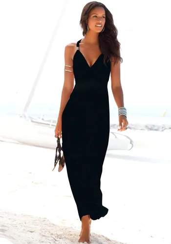 Maxikleid LASCANA Gr. 34, N-Gr, schwarz Damen Kleider Strandkleider mit verstellbarem Ausschnitt und gesmokter Taille, Sommerkleid, Basic