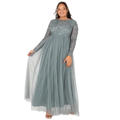 Maya Deluxe Damen Embellished Long Sleeve Maxi Formal Dress