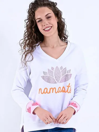 Miss Goodlife Sweatshirt V-Neck Sweater Namaste Strass Weiß