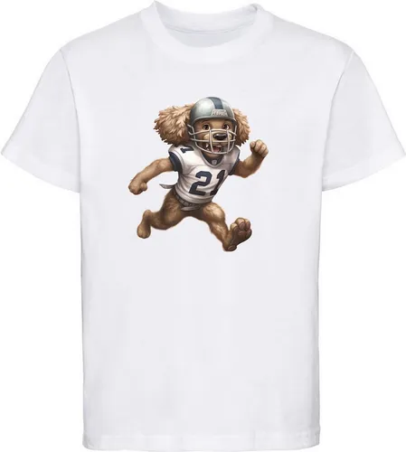 MyDesign24 T-Shirt Kinder Print Shirt rennender Hund im American Football Dress Bedrucktes Jungen und Mädchen American Football T-Shirt, i500