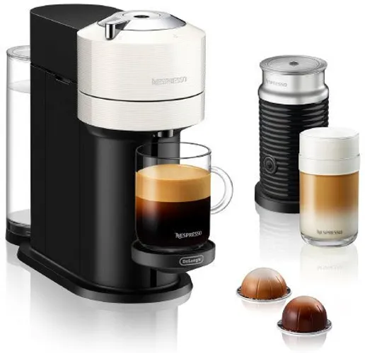 Nespresso Kapselmaschine Vertuo Next Bundle ENV 120.WAE, von DeLonghi, White, inkl. Aeroccino Milchaufschäumer im Wert von 75,- UVP