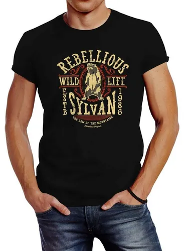 Neverless Print-Shirt Herren T-Shirt Rebellious Sylvan Bear Logo Grizzlybär Vintage Print College Style Slim Fit Neverless® mit Print
