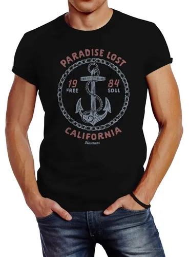 Neverless Print-Shirt Neverless® Herren T-Shirt Anker Motiv maritim Schriftzug California Paradise lost Fashion Streetstyle mit Print