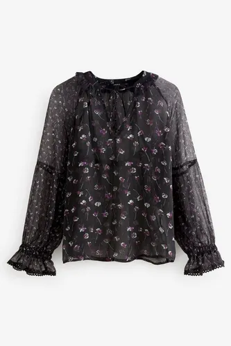 Next Shirtbluse Transparente Bluse mit Spitzenbesatz - Kurzgröße (1-tlg)