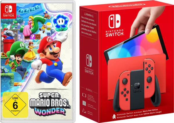 NINTENDO SWITCH Spielekonsole "OLED Mario Edition + Super Bros. Wonder" Spielekonsolen schwarz (schwarz, rot) Switch Bestseller