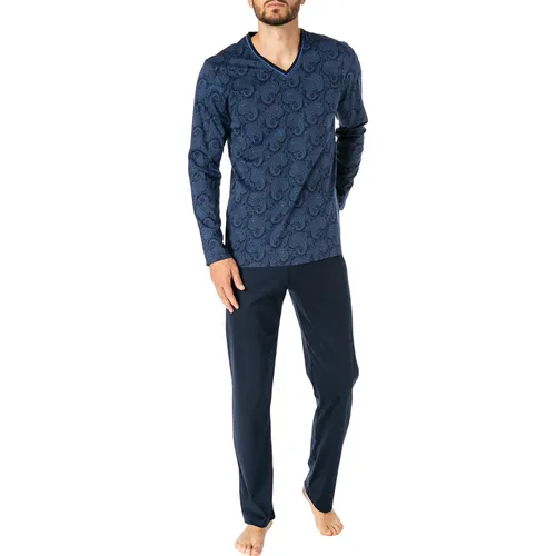 Novila Herren Pyjama blau Jersey-Baumwolle Gemustert
