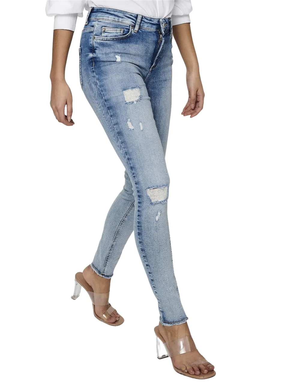 Only Damen Jeans ONLBLUSH LIFE MID SK RAW ANK DEST REA213 - Skinny Fit - Blau - Light Blue