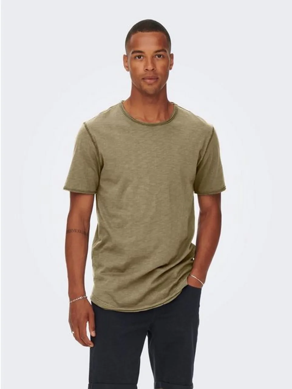 ONLY & SONS T-Shirt Langes Rundhals T-Shirt Einfarbiges Kurzarm Basic Shirt ONSBENNE 4783 in Beige