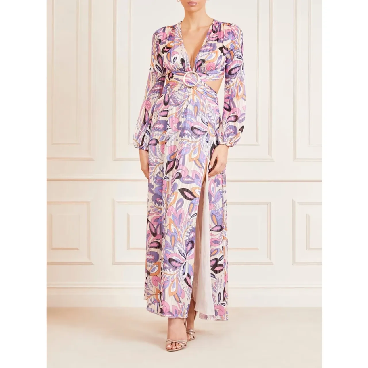 Paisley Langkleid,Multicolor V-Ausschnitt Langarm Kleid Guess