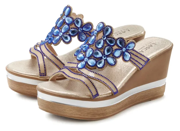 Pantolette LASCANA Gr. 40, blau Damen Schuhe Keilpantoletten Mule, Sandale, offener Schuh mit Keilabsatz und aufwendiger Verzierung