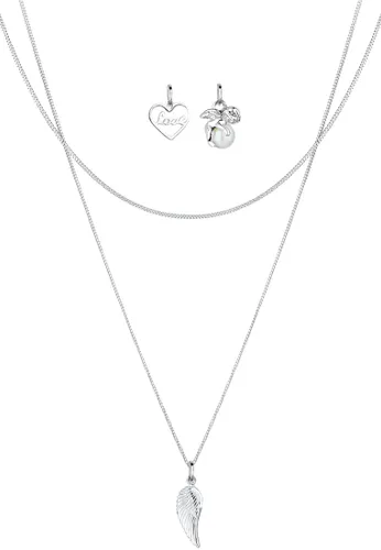 Perlenketten-Set ELLI "Anhänger-Set Herz Engel Flügel 925 Silber" Halsketten Gr. 45, ohne Stein, Silber 925 (Sterlingsilber), Länge: 45 cm, silberfarb...