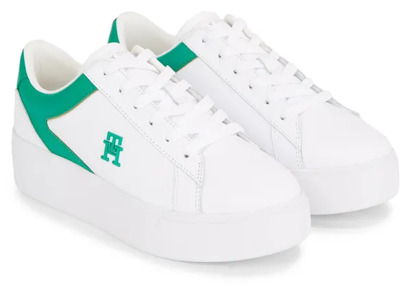 Plateausneaker TOMMY HILFIGER "TH PLATFORM COURT SNEAKER" Gr. 37, grün (weiß, grün) Damen Schuhe Sneaker